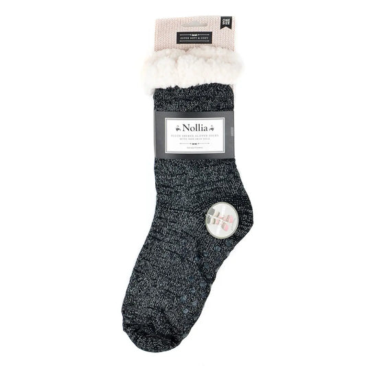 Women's Solid Sparkly Plush Sherpa Slipper Socks | Black