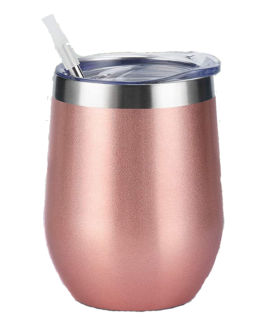 12 oz Stainless Steel Wine Tumbler with Lid and Straw, Rose Gold