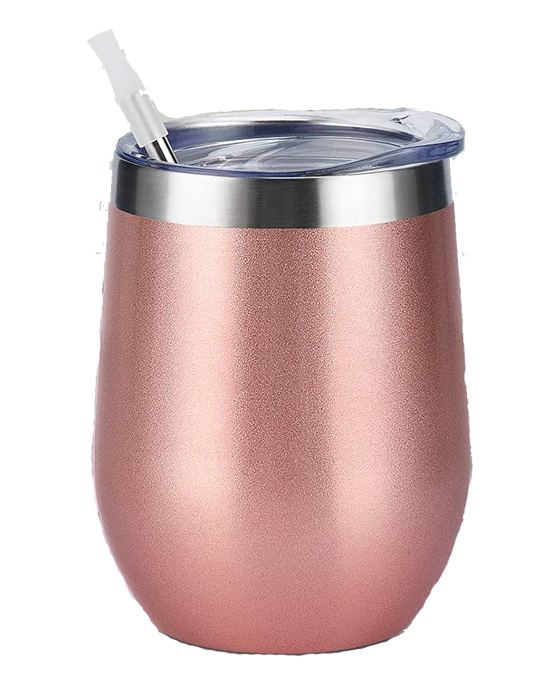 12 oz Stainless Steel Wine Tumbler with Lid and Straw, Rose Gold